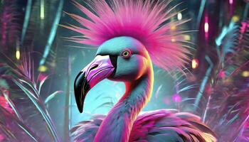 AI generated Feathered Rebel Punk Rock Flamingo Sporting a Stylish Mohawk, Redefining Avian Coolness with Attitude and Flair. photo