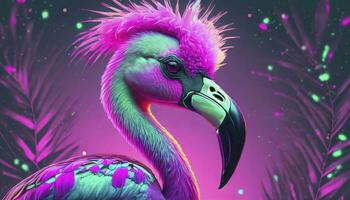 AI generated Feathered Rebel Punk Rock Flamingo Sporting a Stylish Mohawk, Redefining Avian Coolness with Attitude and Flair. photo