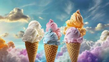 AI generated A Whimsical Display of Ice Cream Swirl Cones, Crafted as Food Art, Against a Dreamy Pastel Background with Floating Clouds. photo