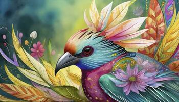 AI generated Blossoming Stunning Close-Up Shot of a Bird with Feathers Resembling Vibrant Flowers, Capturing Nature's Beauty in Full Bloom. photo