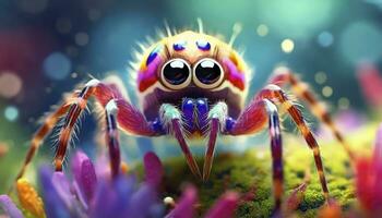 AI generated Micro Marvel. A Closeup Macro Photo Capturing the Tiny, Cute, and Adorable Colors of a Spider, Unveiling the Beauty in the Small Wonders of Nature.