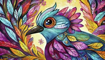 AI generated Blossoming Stunning Close-Up Shot of a Bird with Feathers Resembling Vibrant Flowers, Capturing Nature's Beauty in Full Bloom. photo