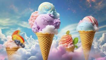 AI generated A Whimsical Display of Ice Cream Swirl Cones, Crafted as Food Art, Against a Dreamy Pastel Background with Floating Clouds. photo