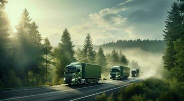 AI generated three trucks on a highway, with trees on either side of the road photo