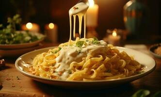 AI generated spaghetti is being picked up with a fork over white sauce photo