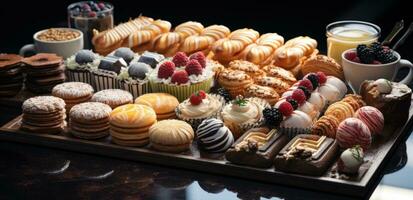 AI generated the staff of a restaurant offer various pastries to customers photo
