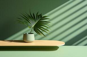 AI generated the shadow of a palm leaf is seen in the background over a green table photo