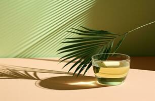 AI generated the shadow of a palm leaf is seen in the background over a green table photo