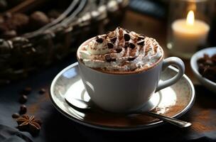 AI generated the hot chocolate made with cinnamon, whip cream and chocolate chips photo