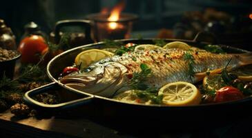 AI generated the pan has fresh fish and lemon slices around a fork photo