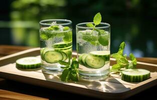 AI generated two glasses of cucumber with ice water and mint photo