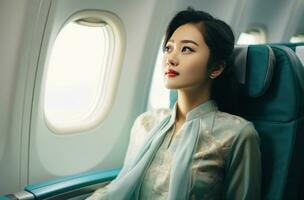 AI generated young chinese wife sitting in front of window on an airplane photo