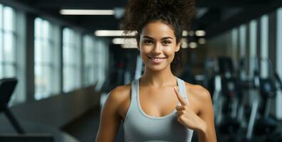 AI generated young woman happy at the gym showing thumbs up photo