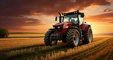 ai generado esta es un imagen de un tractor en el campo, a puesta de sol foto