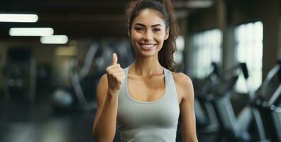 AI generated young woman happy at the gym showing thumbs up photo