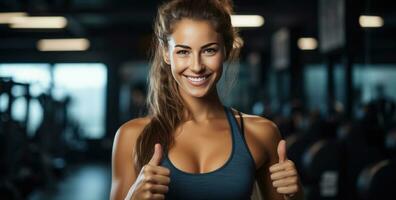 AI generated young woman happy at the gym showing thumbs up photo