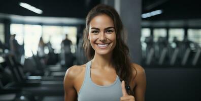 ai generado joven mujer contento a el gimnasio demostración pulgares arriba foto