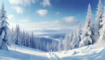 AI generated Wonderland Panorama. A Stunning View of Snowy Landscape in Winter, where Nature Transforms into a Magical Winter Wonderland. The Snow-Covered Forest Creates a Breathtaking Snowscape. photo