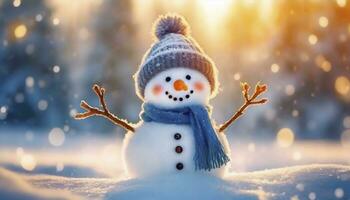 AI generated Winter Christmas Banner, Featuring a Closeup of a Cute, Funny Laughing Snowman Adorned with a Wool Hat and Scarf. The Snowy Snowscape is Illuminated by the Warm Glow of Bokeh Light photo