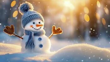 AI generated Winter Holiday Christmas Background Banner, Featuring a Closeup of a Cute, Funny Laughing Snowman Adorned with a Wool Hat and Scarf. photo