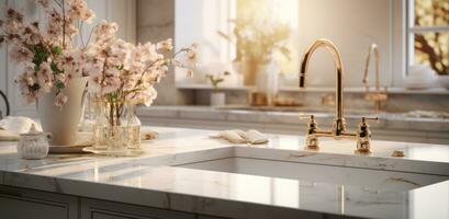 AI generated white with gold hardware and an island counter and white sink photo