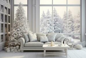 ai generado invierno blanco vivo habitación con Navidad árbol foto