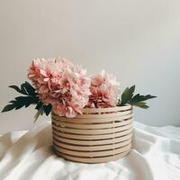 ai generado un blanco cesta con rosado flores sentado en parte superior de un blanco a rayas antecedentes foto