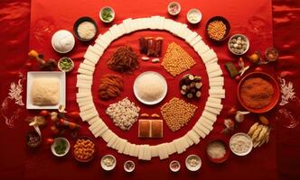 AI generated an array of rice and various other foods on a red table photo