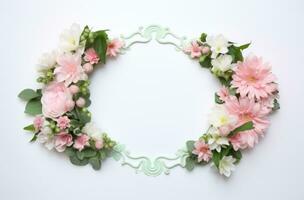 AI generated a pink flower shaped frame on white surface photo