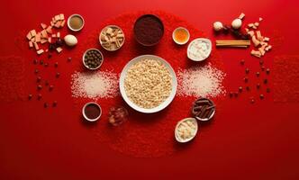 AI generated an array of rice and various other foods on a red table photo