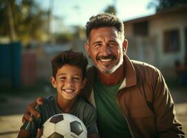 ai generado joven fútbol jugador y su padre posando con y pelota foto