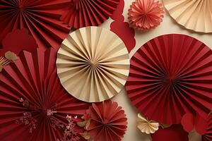 ai generado un animado origami papel ventilador y algunos rojo papel kimono foto