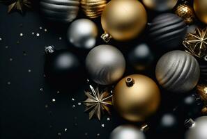 AI generated a string of gold and silver christmas decorations. photo