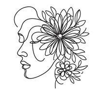 minimalista surrealista línea Arte de un mujer con flores vector