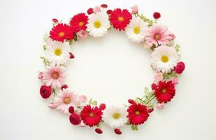 AI generated a wreath of roses and daisies is arranged on a white background, photo