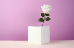 AI generated a white cube on a pink background with roses and peonies photo