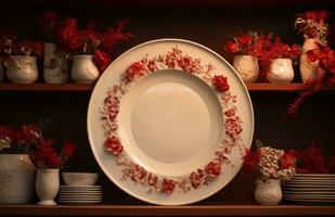 AI generated a plate of flowers made into a circle on a shelf, photo