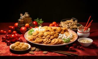 AI generated a plate full of chinese snacks accompanied by red paper. photo