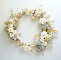ai generado un blanco guirnalda decorado por flores foto