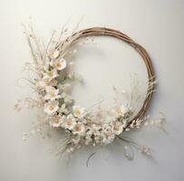 AI generated a white wreath decorated by flowers. photo