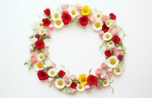 AI generated a wreath of roses and daisies is arranged on a white background, photo