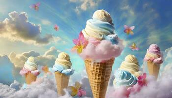 AI generated A Whimsical Display of Ice Cream Swirl Cones, Crafted as Food Art, Against a Dreamy Pastel Background with Floating Clouds. photo