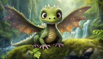 AI generated Enchanting Ancestor. An Adorable Prehistoric Reptilian Creature, with Big Eyes and Wings, Perched Gracefully on a Mossy Rock, Transporting Us to a Mesmerizing Epoch. photo