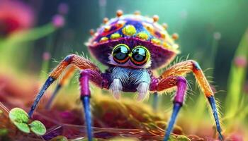 AI generated Micro Marvel. A Closeup Macro Photo Capturing the Tiny, Cute, and Adorable Colors of a Spider, Unveiling the Beauty in the Small Wonders of Nature.