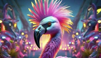 AI generated Feathered Rebel Punk Rock Flamingo Sporting a Stylish Mohawk, Redefining Avian Coolness with Attitude and Flair. photo