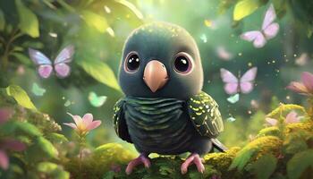 AI generated 3D Render of an Adorable Baby Parrot, with Big Eyes, Amidst a Garden Abuzz with Butterflies and Lush Greenery. The Scene Radiates a Soft, Magical Aura, Sparkling with Fairy Dust. photo