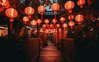 AI generated an image of paper lanterns on a walkway, photo