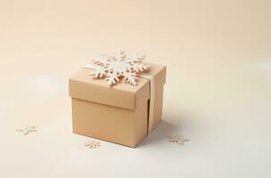 ai generado Navidad caja en beige antecedentes con copos de nieve, foto