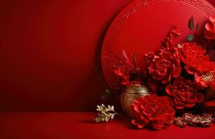 AI generated an empty red background with flowers and red roses photo
