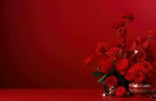 ai generado un vacío rojo antecedentes con flores y rojo rosas foto